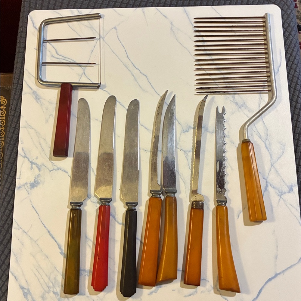 Vintage Knife and Utensil Set with Red & Amber Bakelite Handles- Set of 9.